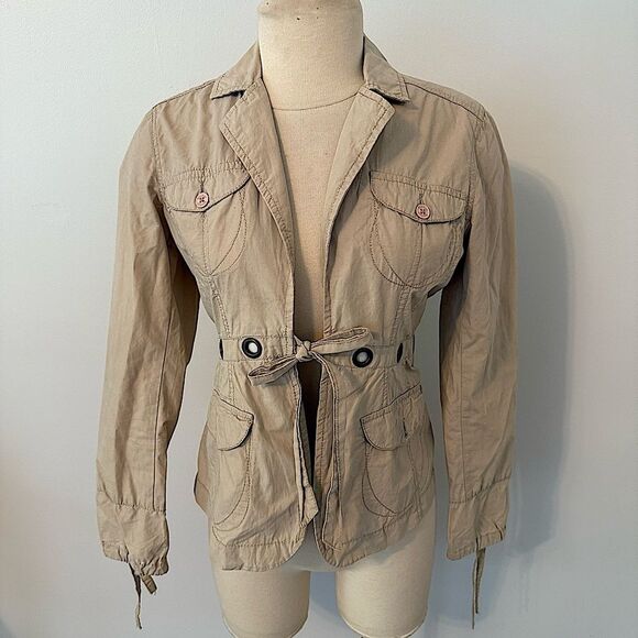 Reebok RBK Beige Khaki Tie Front Rivet Utility Jacket Size Medium - Picture 2 of 9